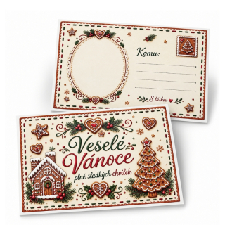 Oboustranná nepromastitelná kartička – pohlednice Perníčkové Vánoce 14,8 × 10,5 cm – 10 ks